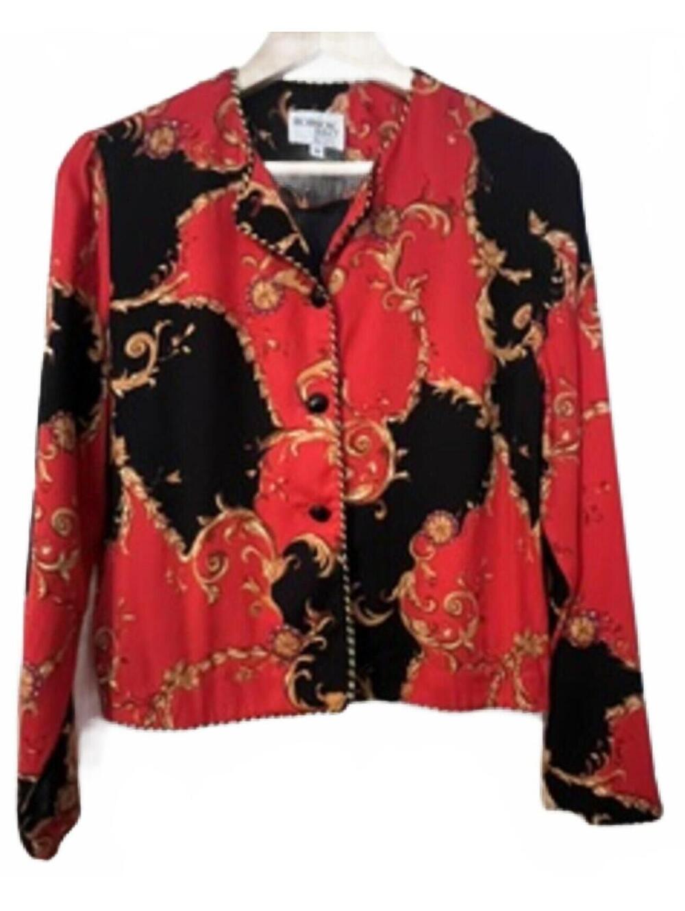 Vtg 80s Brownstone Studio Baroque Chain Print Blouse Red Black Gold Shirt 8